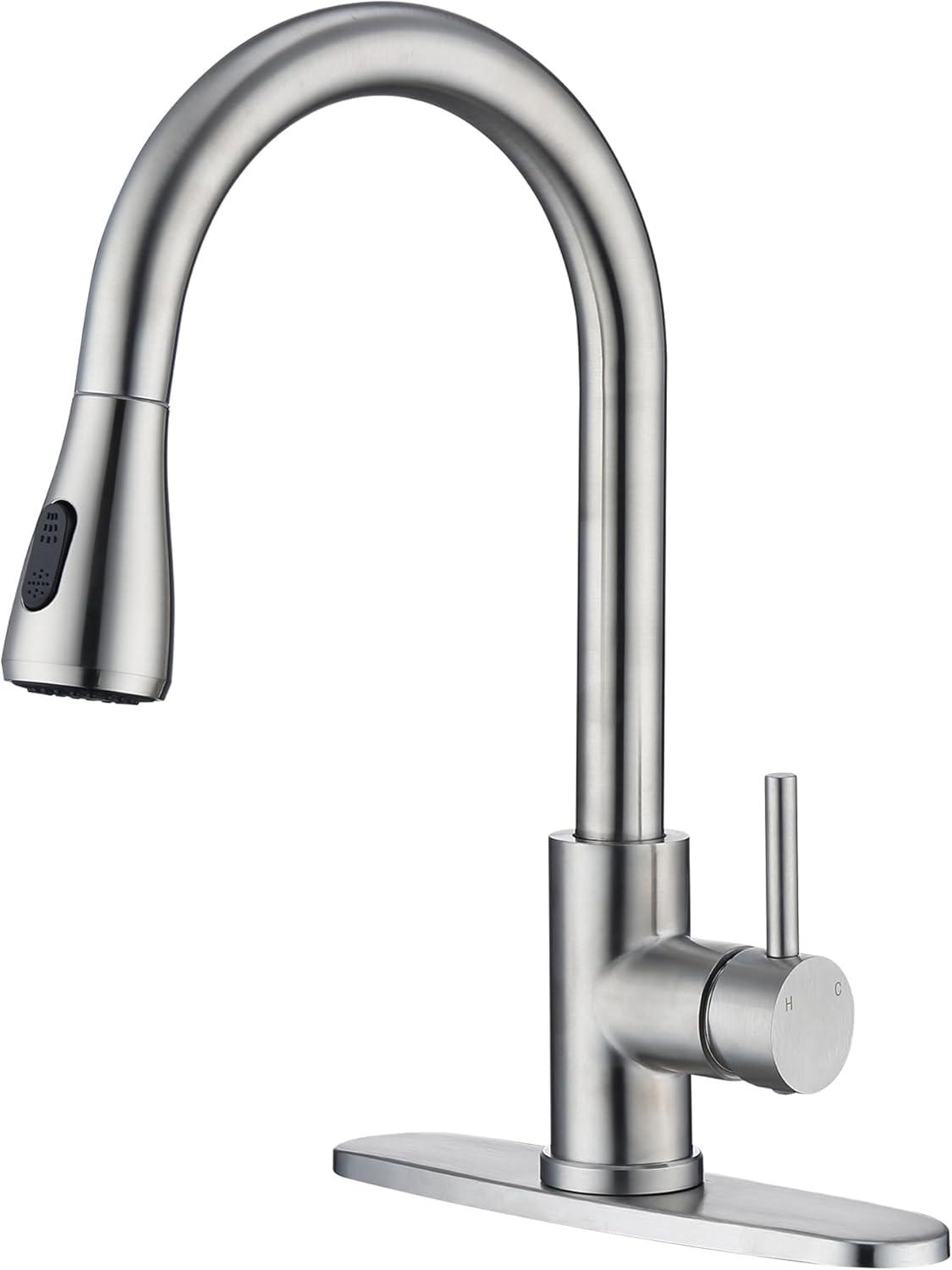 Brushed Nickel Kitchen Sink Faucet with Pull Down Sprayer Single Handle Single Hole Mixer Tap