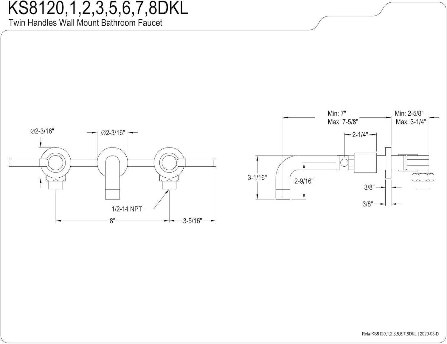 Kingston Brass Kaiser Two-Handle 3-Hole Wall Mount Bathroom Faucet