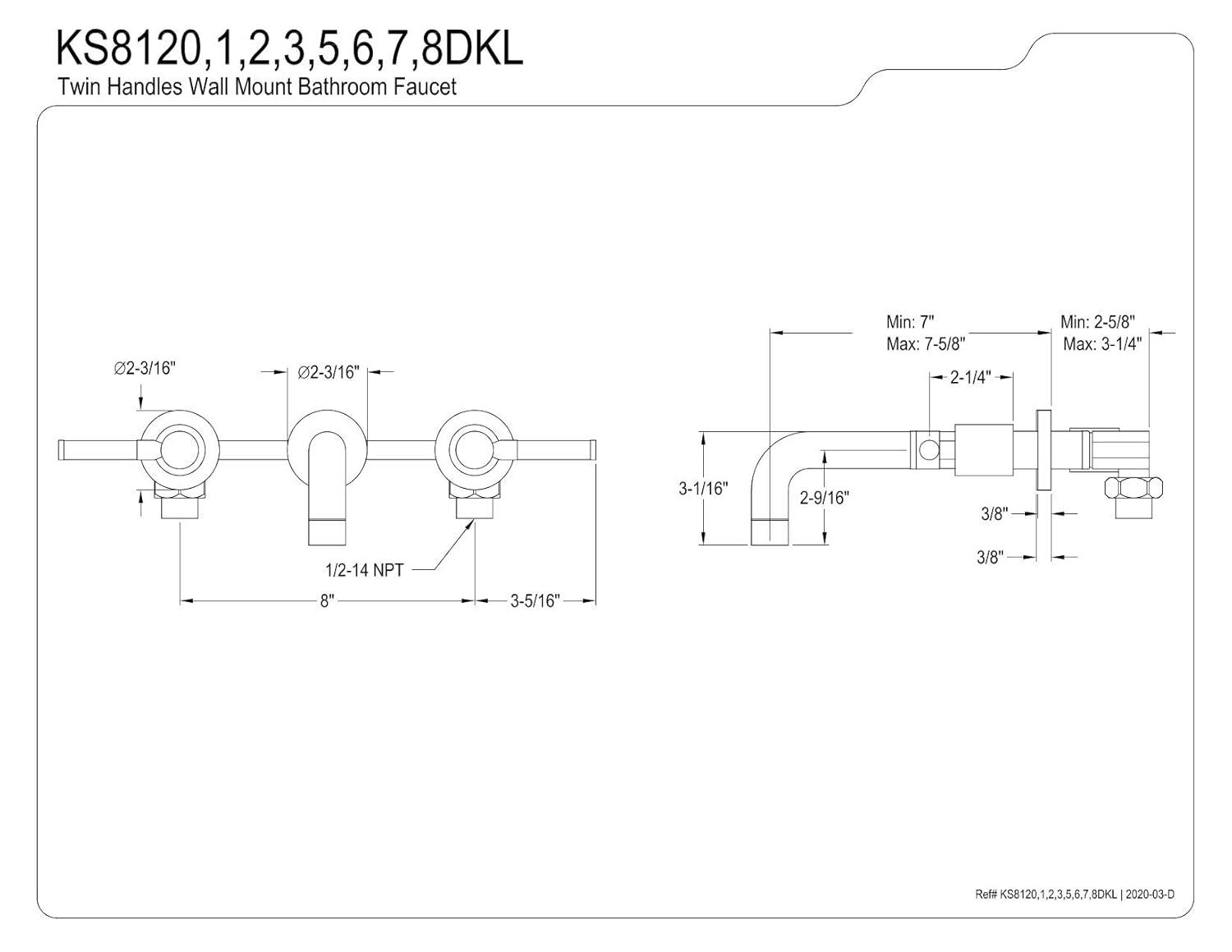 Kingston Brass Kaiser Two-Handle 3-Hole Wall Mount Bathroom Faucet