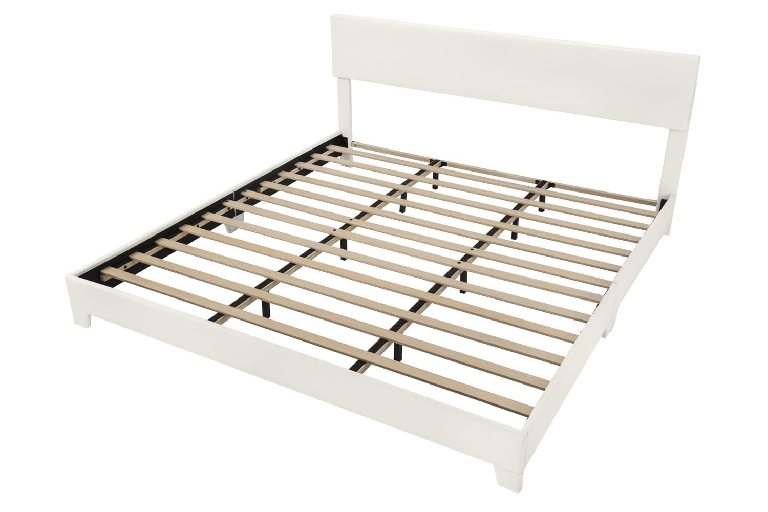 Allewie King Size Bed Frame with Adjustable Headboard, Faux Leather Platform Bed with Wood Slats, Heavy Duty Mattress Foundation, No Box Spring Needed, Noise-Free, Easy Assembly, White