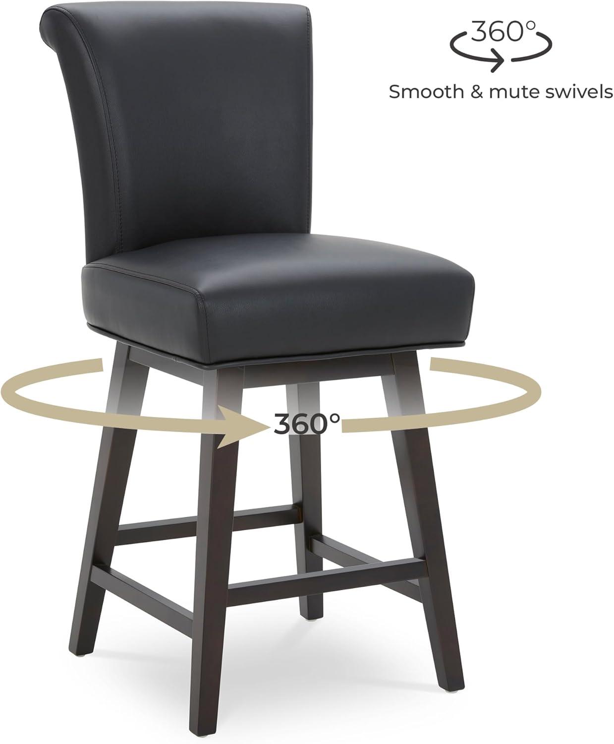 CHITA 26 in Upholstered Swivel Counter Bar Stools with Back&Wood Legs Set of 2, Faux Leather in Black