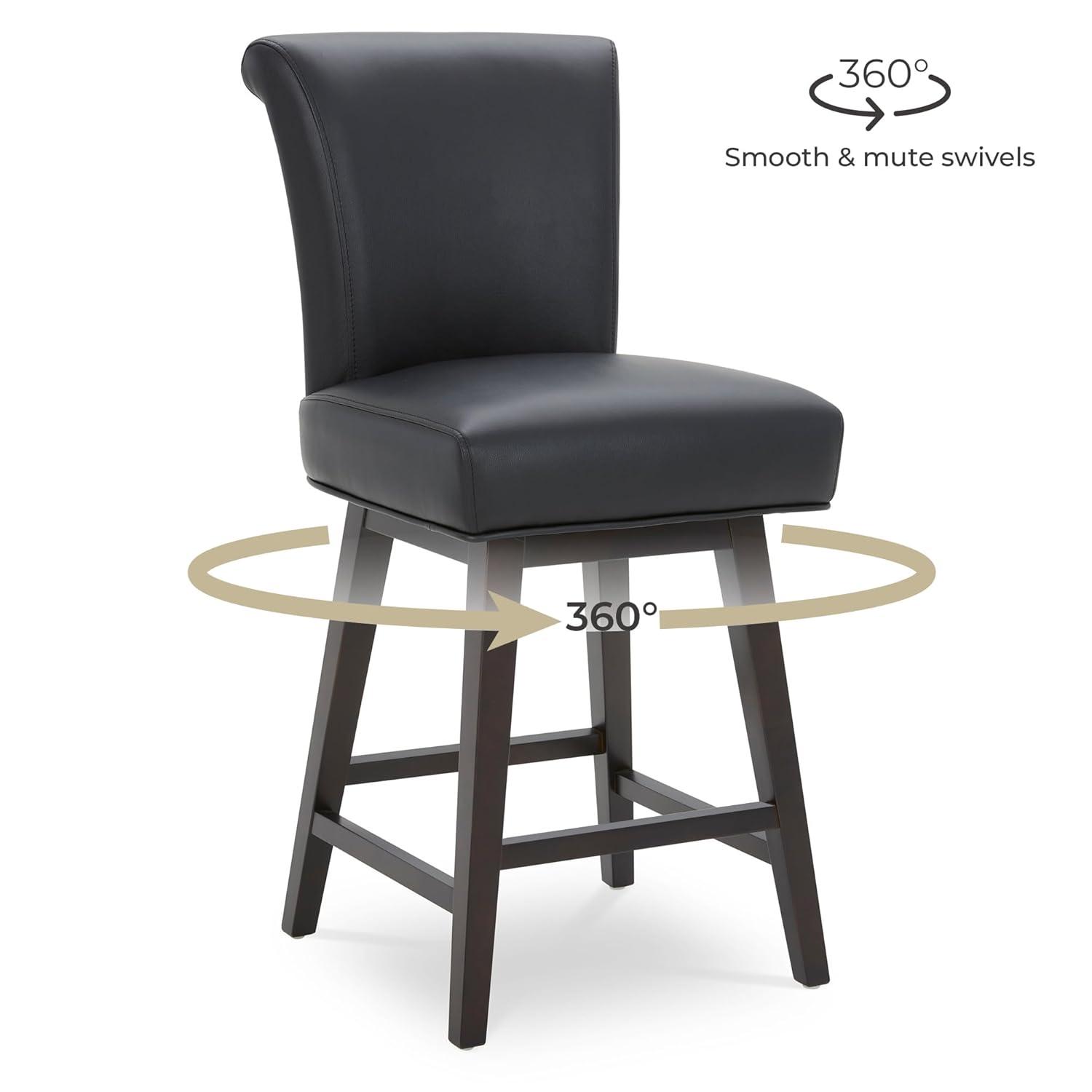 CHITA 26 in Upholstered Swivel Counter Bar Stools with Back&Wood Legs Set of 2, Faux Leather in Black