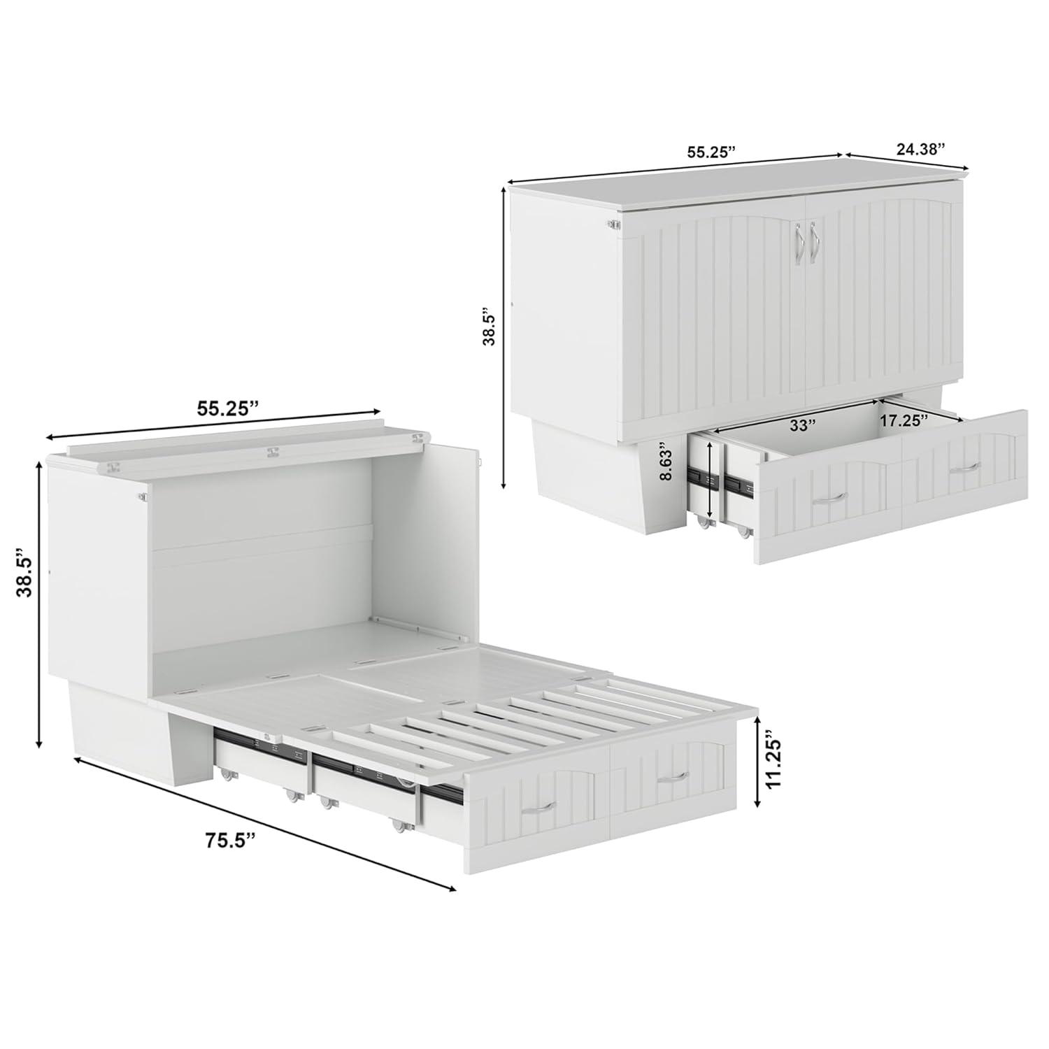 Nantucket Full Size Wood Murphy Bed Chest w/Mattress & Built-in Charger in White