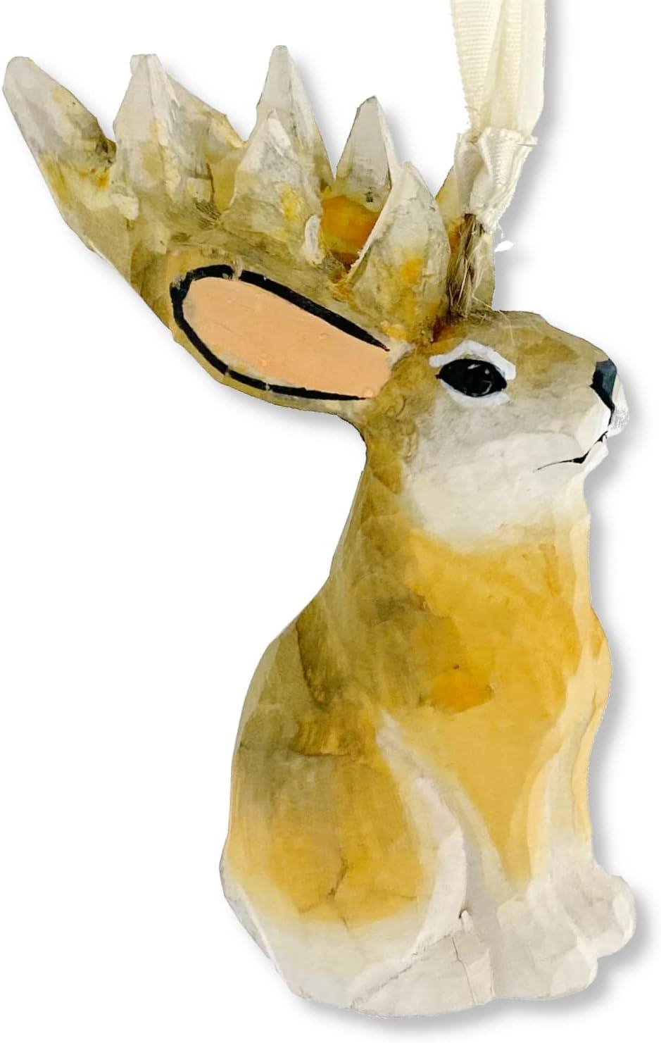 Hand-Carved Brown Wood Jackalope Ornament Figurine