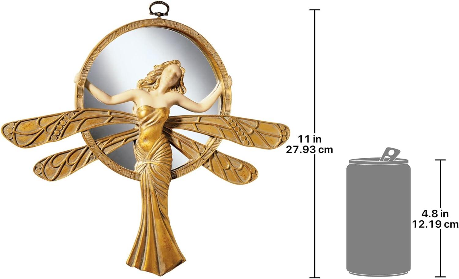 Art Deco Dragonfly Maiden 13" Gold and Ivory Round Wall Mirror