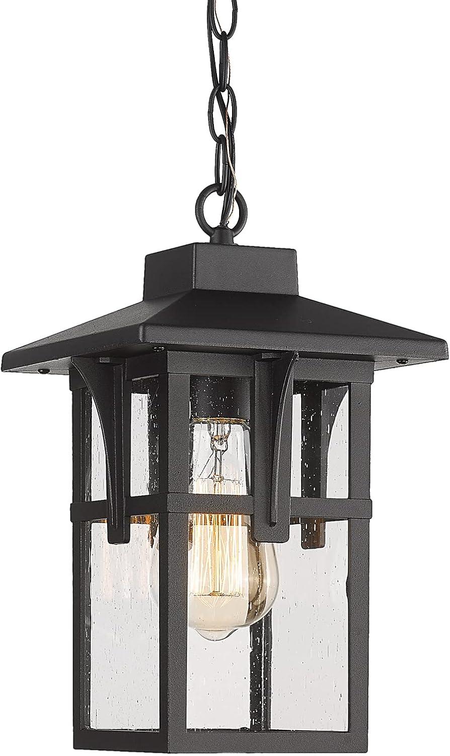 Matte Black Seeded Glass Outdoor Pendant Light