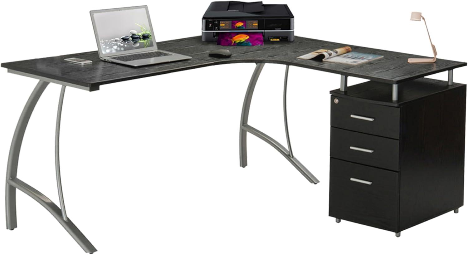 Modern L Shaped Computer Desk with File Cabinet and Storage Espresso Brown - Techni Mobili