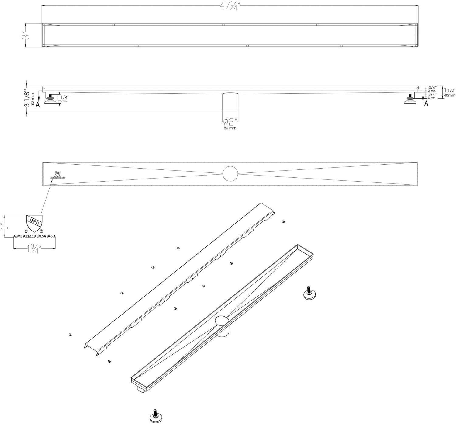 47" Polished Stainless Steel Linear Shower Drain with Solid Cover