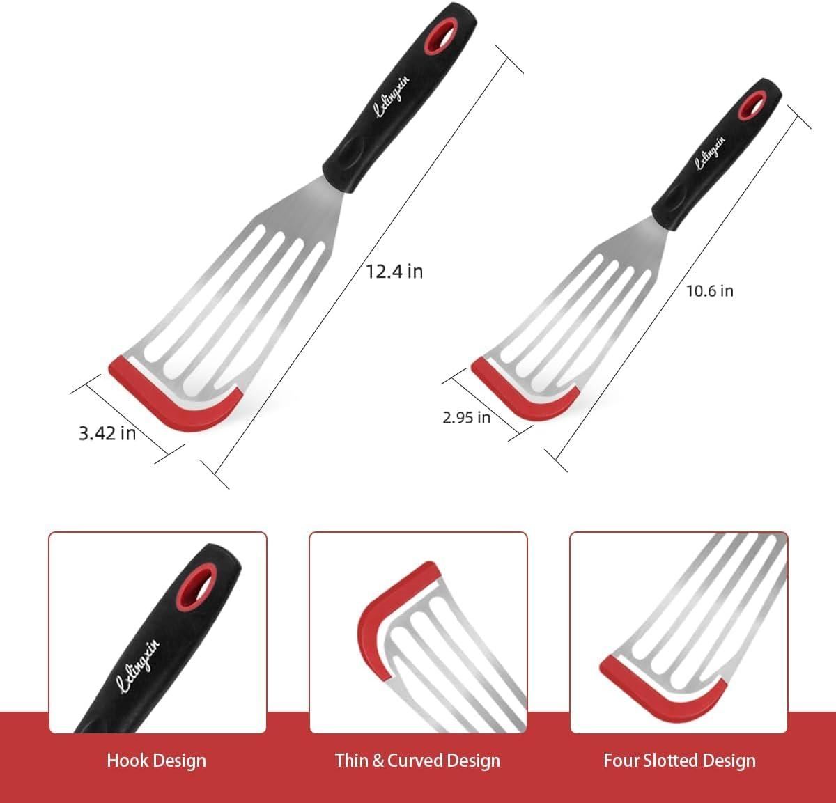 Fish Spatula Turner Set of 2, Heat Resistant Silicone Edge Slotted Fish Spatulas for Nonstick Cookware, Flexible and Thin Stainless Steel Kitchen Cooking Spatula Flipper for Fish, Egg, Pancake