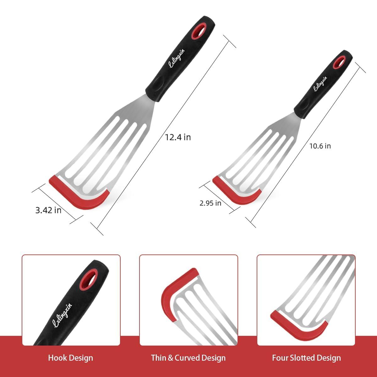 Fish Spatula Turner Set of 2, Heat Resistant Silicone Edge Slotted Fish Spatulas for Nonstick Cookware, Flexible and Thin Stainless Steel Kitchen Cooking Spatula Flipper for Fish, Egg, Pancake