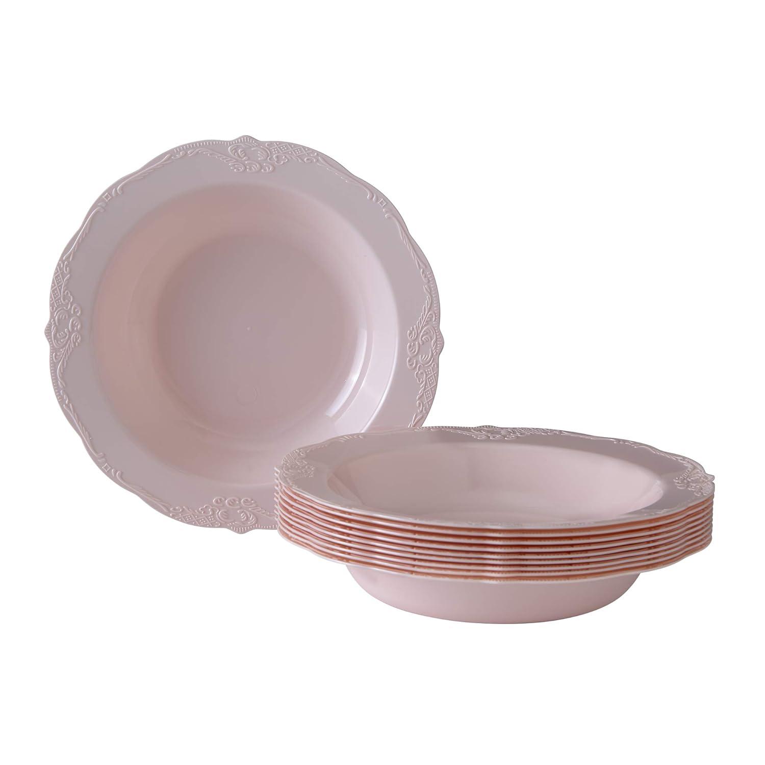 Blush Pink Vintage Design Plastic Soup Bowls, 12 oz, Set of 10