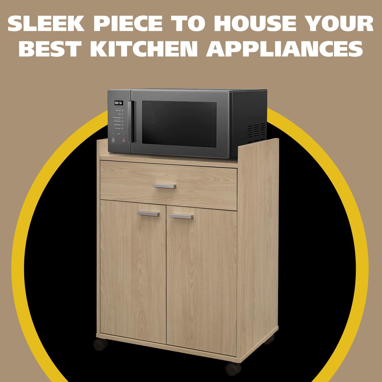 Kings Brand Furniture Northbury 2-Door Microwave Accent Kitchen Cabinet Rolling Cart (Beech)