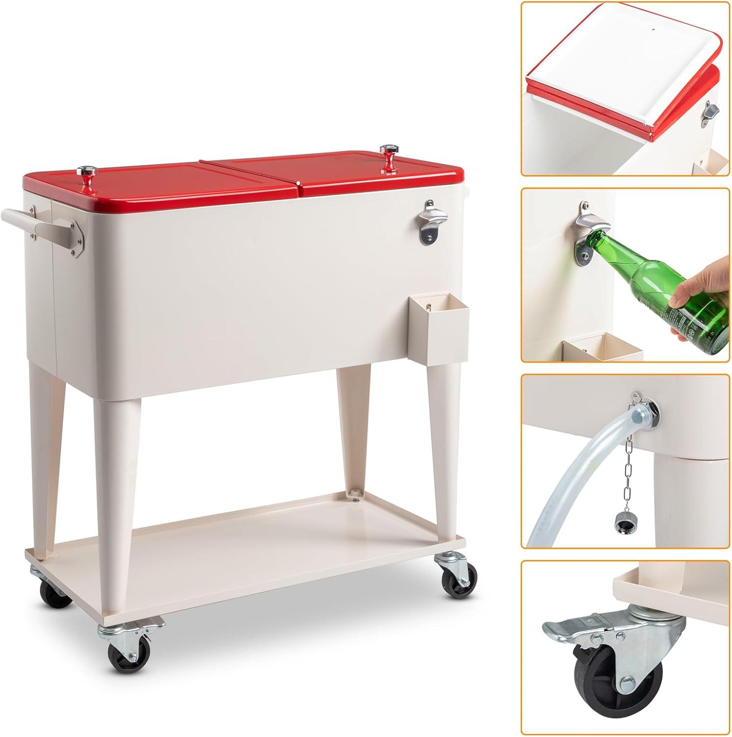 80QT Rolling Cooler Cart with Lockable Wheels, Portable Beverage Bar, Stand-Up Cooler Trolley with Open Shelf and Drainage Cap for Outdoor Activity - Includes Bottle Opener & Bottle Cap Catcher, Red