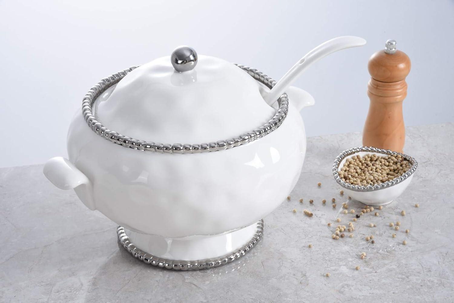 White and Silver Porcelain Soup Tureen with Ladle