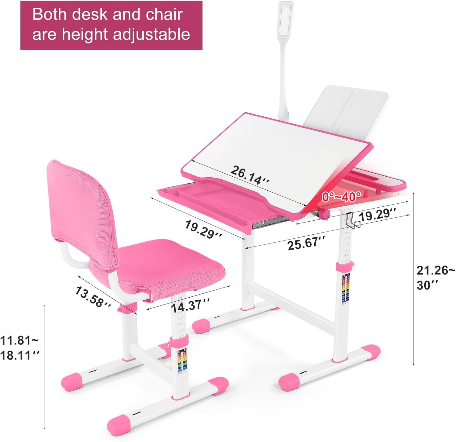 Artist hand Kids Study Table and Chair Set,Adjustable Girls School Writing Study Table,with Large Writing Board LED Pull Out Drawer Pencil Case Bookstand