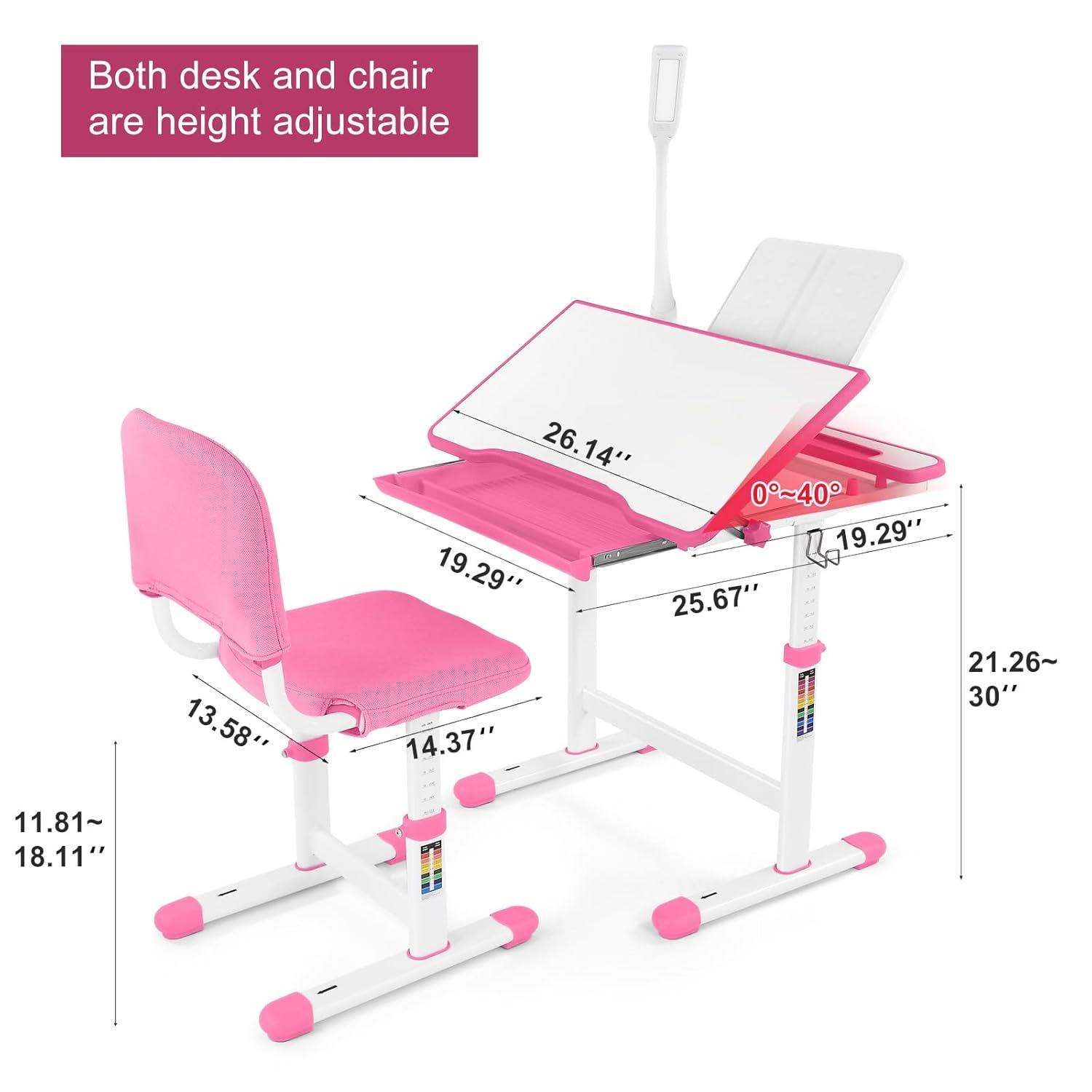 Artist hand Kids Study Table and Chair Set,Adjustable Girls School Writing Study Table,with Large Writing Board LED Pull Out Drawer Pencil Case Bookstand