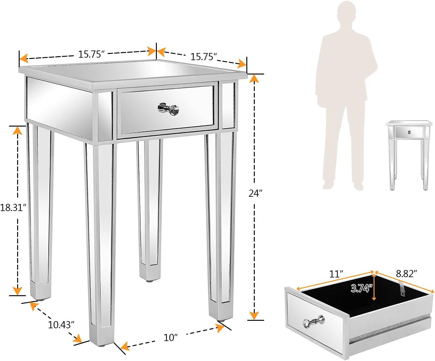 Silver Mirrored End Table with Drawer and Solid Wood Legs