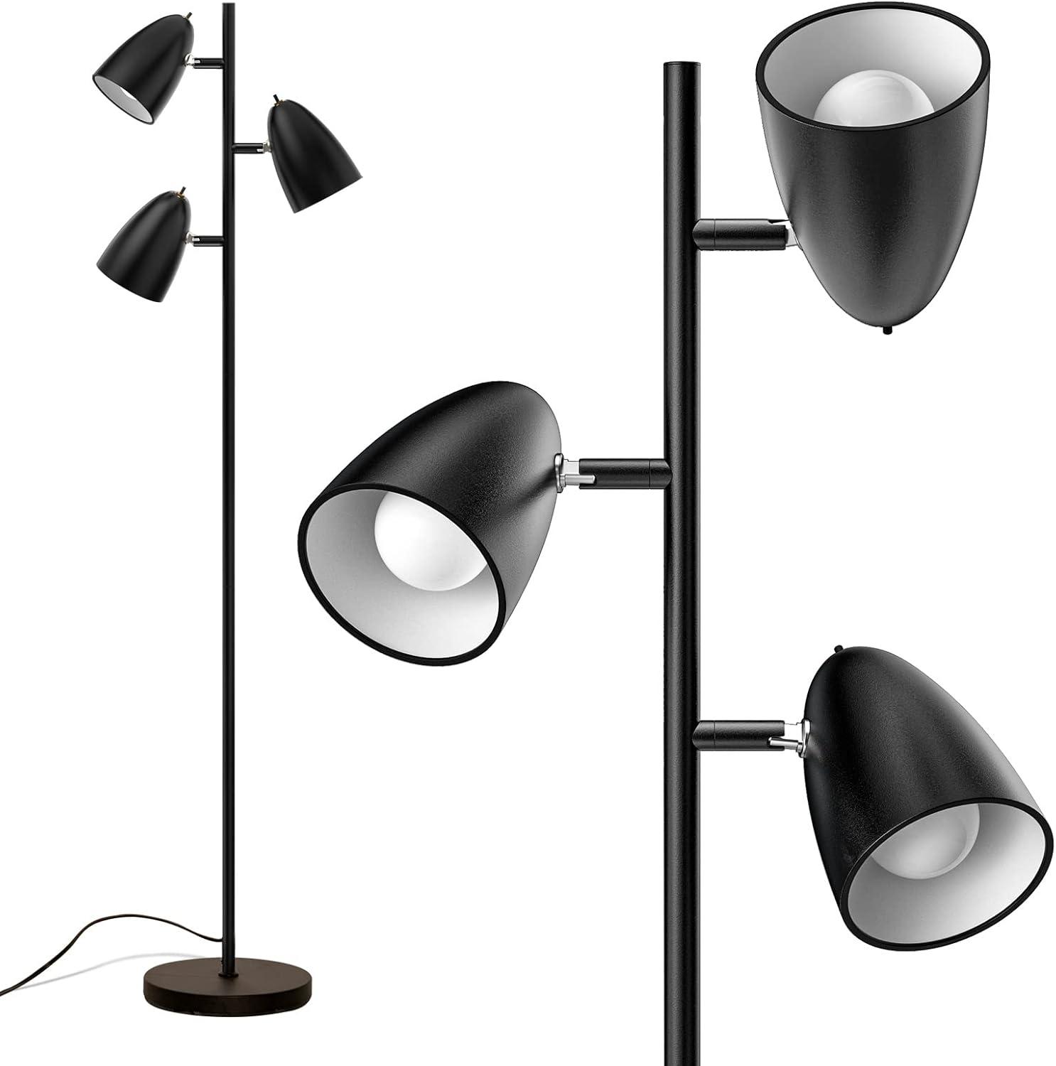 addlon Tree Floor Lamp with 3 Adjustable Rotating Lights and Matching LED Bulbs, Standing Tall Pole Lamps for Living Room, Bedroom, Home, Office - Black