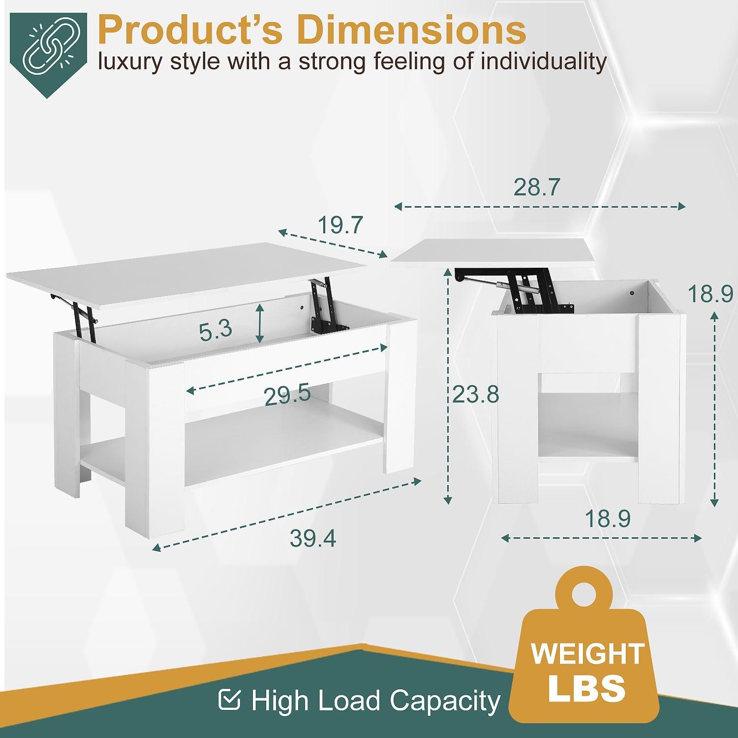 FDW Coffee Tables with Hidden Compartment and Storage Shelf Wooden Lift Tabletop Dining Table for Living Room Home (White)