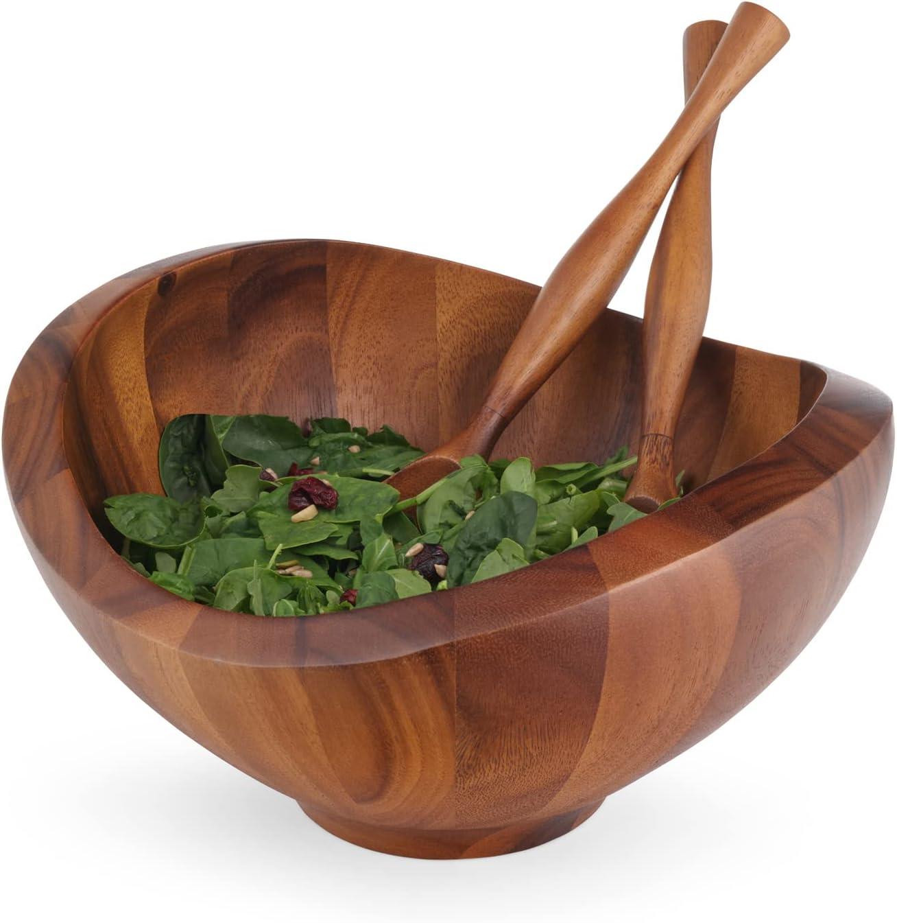 Nambe Bella Acacia Wood Salad Bowl w/ Servers,Bowl: 15" D x 8" H Servers: 13" L