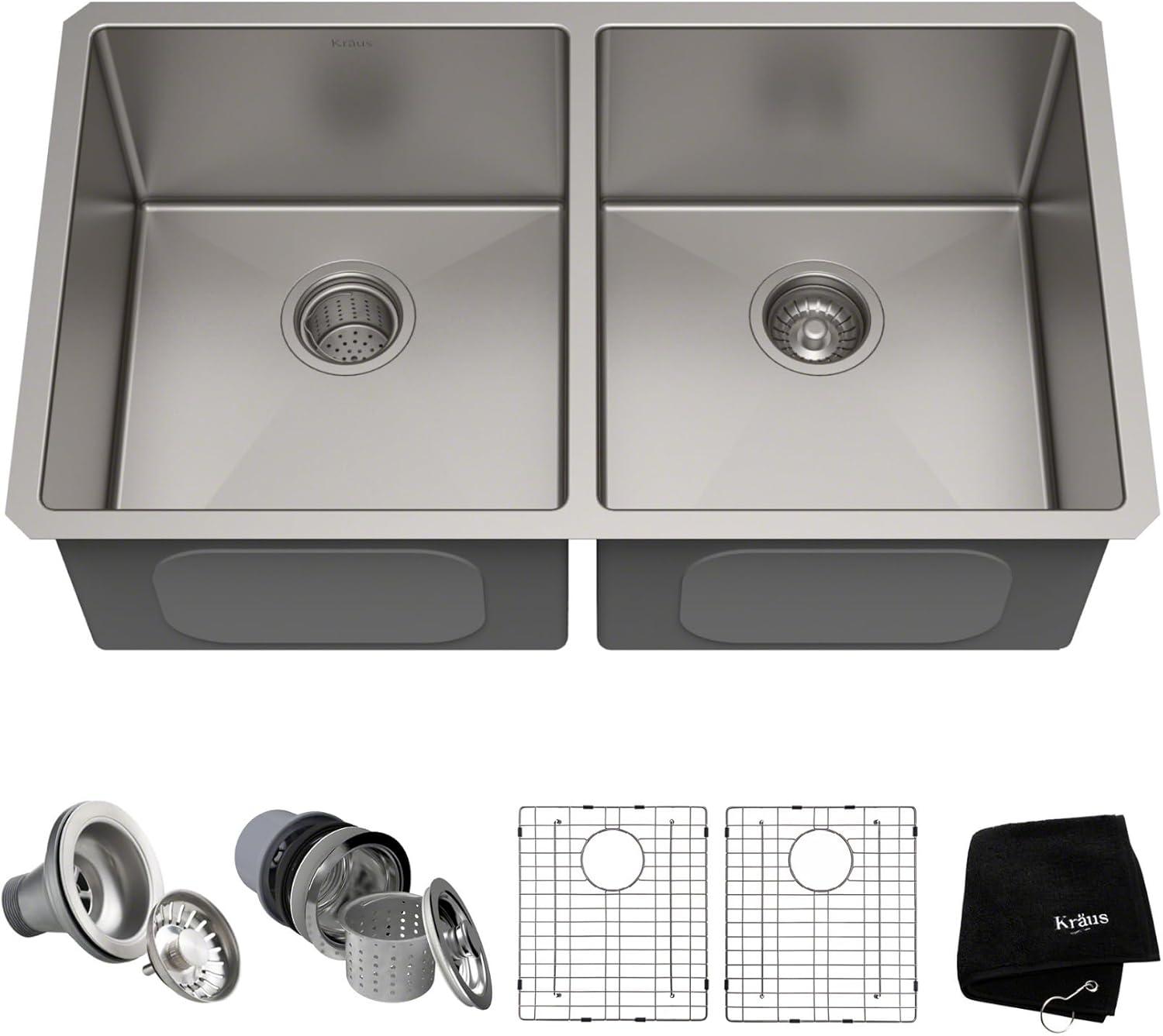 Kraus 33" Satin Stainless Steel Double Bowl Undermount Kitchen Sink