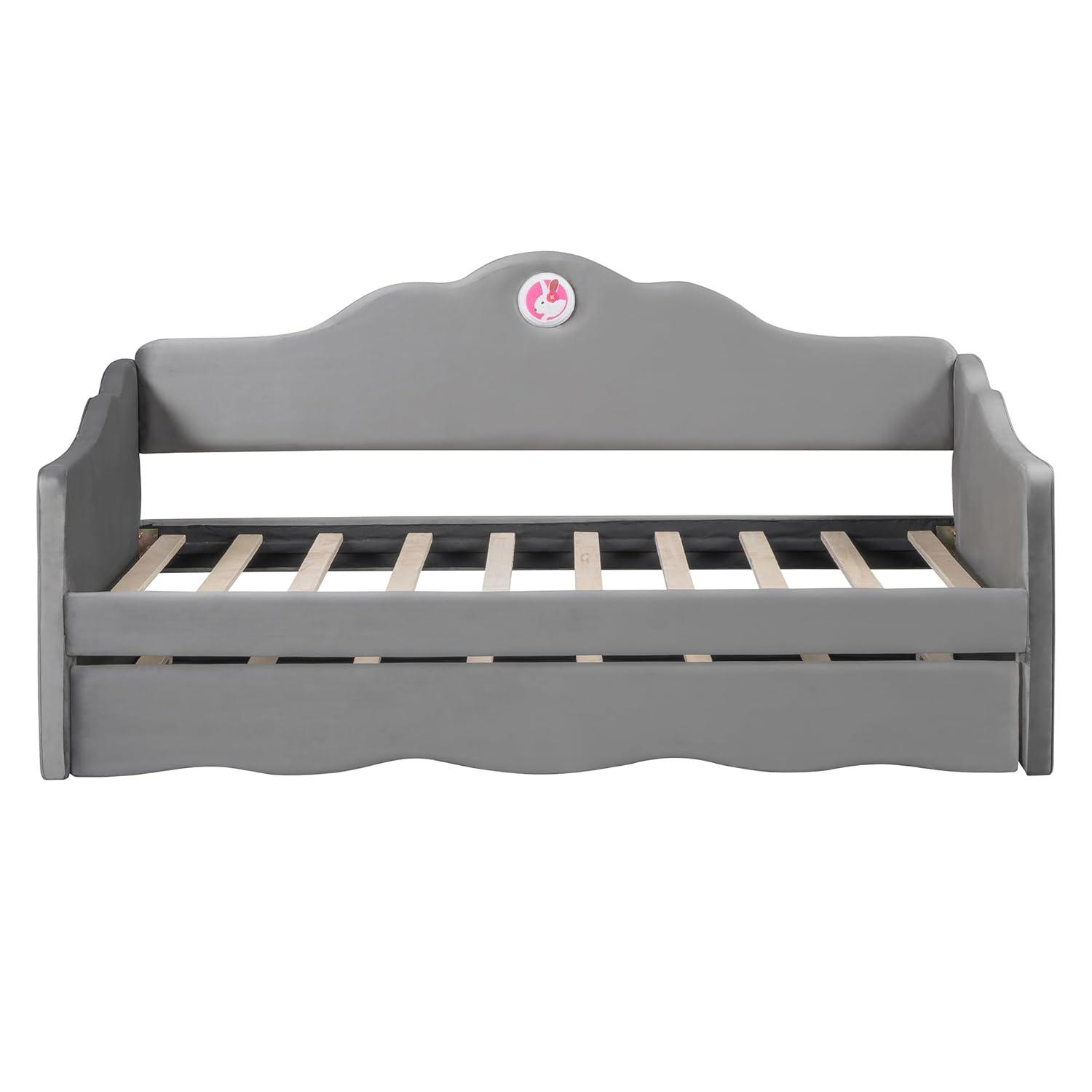 Ball & Cast Upholstered Twin Size Daybed with Trundle, Sofa Bed Frame with Wave-Shaped Back & Arm & Wood Slat Support, No Box Spring Needed, Gray