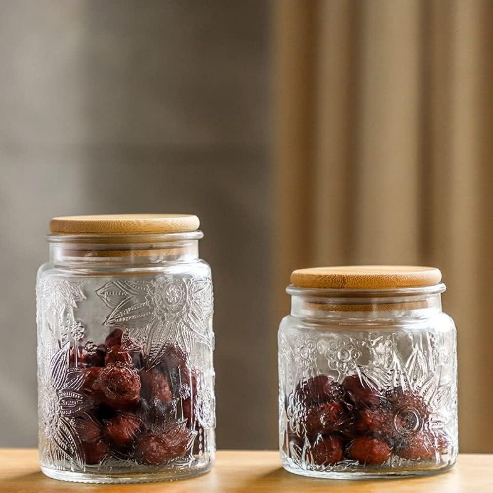 Set of 4 Clear Embossed Glass Storage Jars with Bamboo Lids