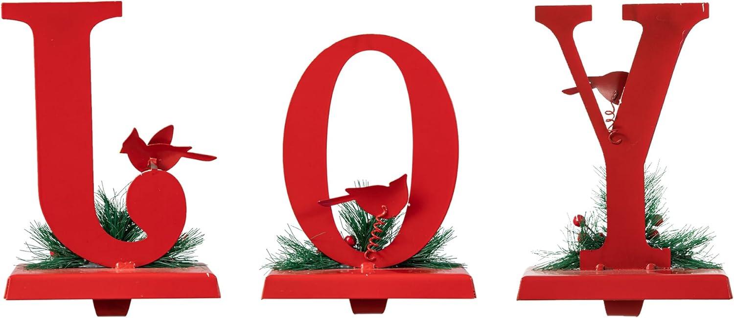 Red Metal JOY Christmas Stocking Holders with Cardinals