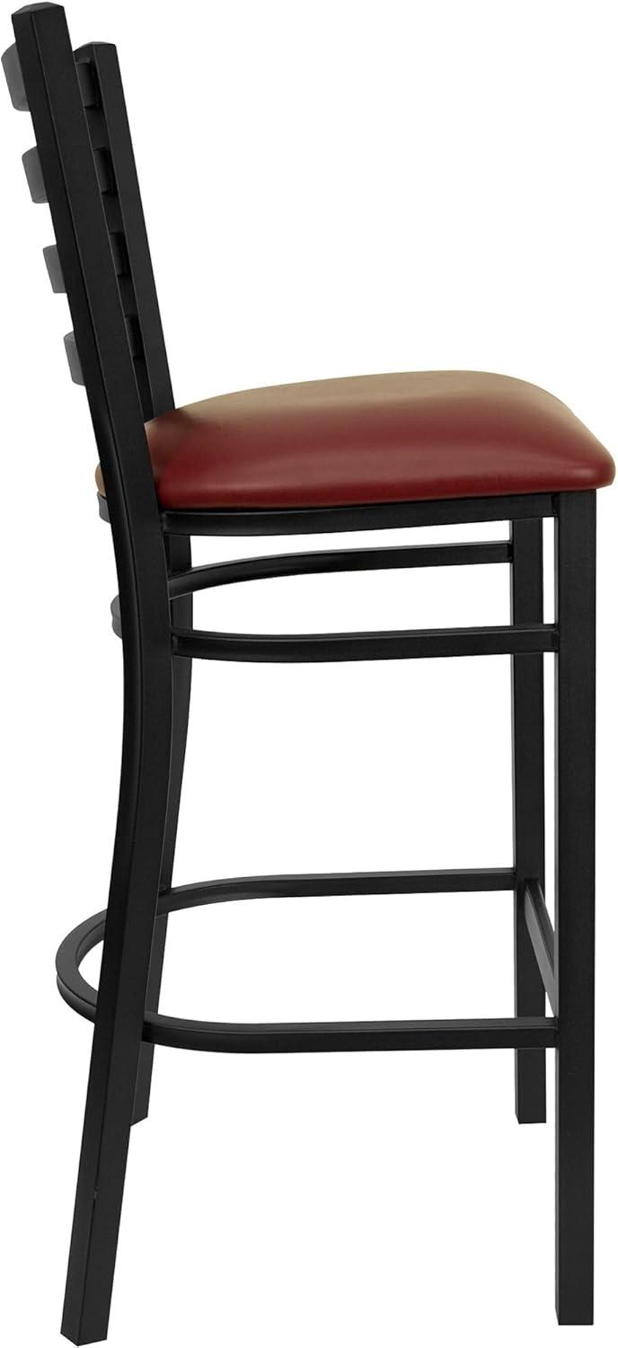 Black Metal Ladder Back Bar Stool with Burgundy Vinyl Seat