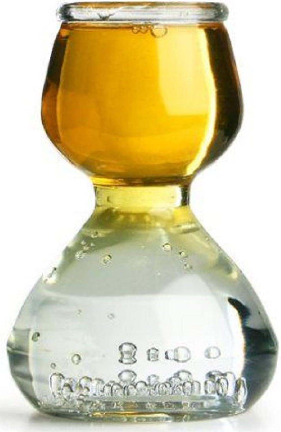 QUAFFER Double Bubble Layered Shot Glass Plus Recipe Card Glass Clear 1.25oz On Top, 2.25 oz On Bottom (Set of 4)