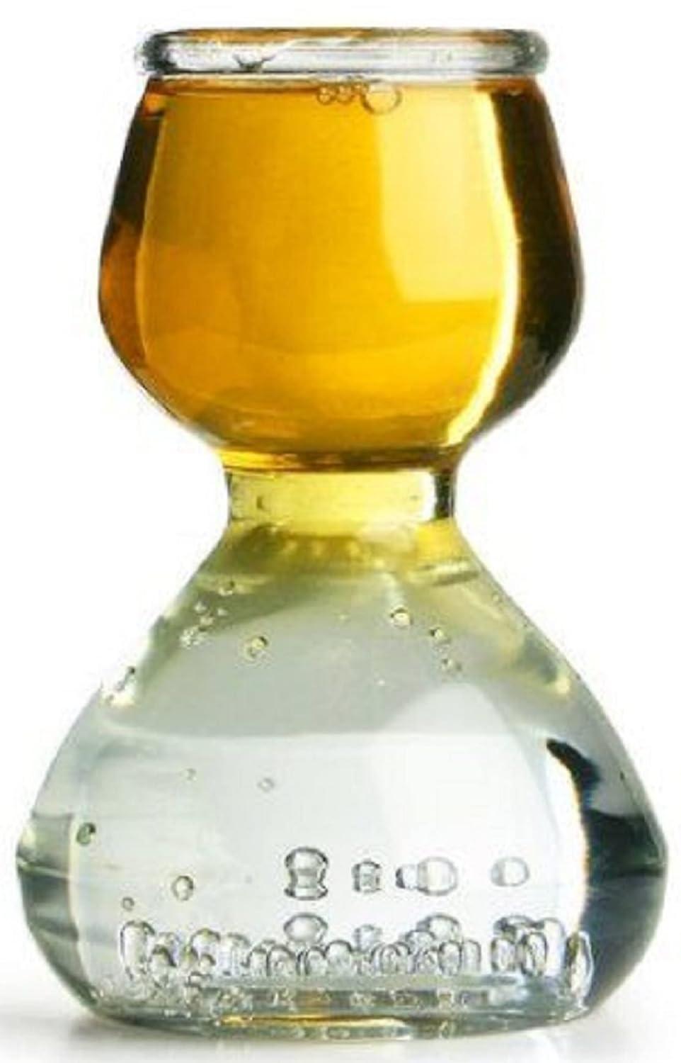 QUAFFER Double Bubble Layered Shot Glass Plus Recipe Card Glass Clear 1.25oz On Top, 2.25 oz On Bottom (Set of 4)