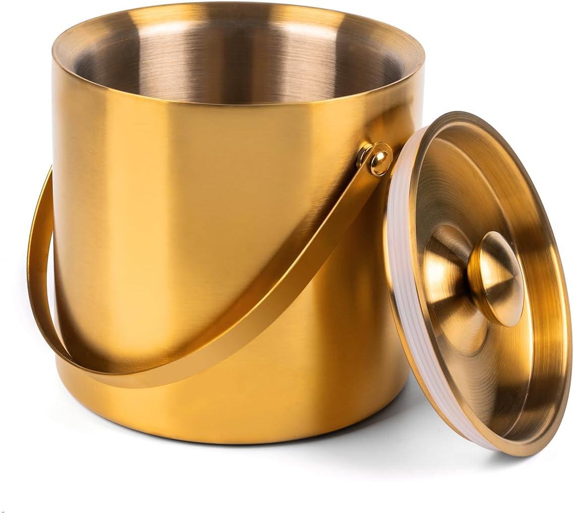 3L Double Wall Insulated Stainless Steel Ice Bucket with scoop & Strainer for Cocktail Bar,Metal Ice Bucket for freezer with Lid for parties.ice Container to Keep Ice Colder,bar cart accessories(gold)