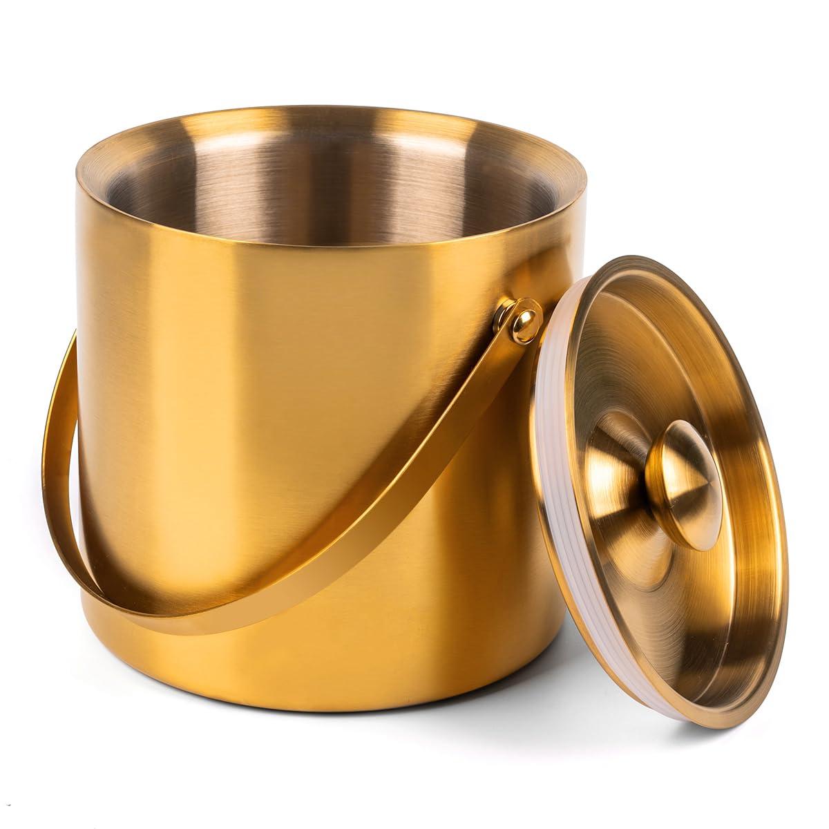 3L Double Wall Insulated Stainless Steel Ice Bucket with scoop & Strainer for Cocktail Bar,Metal Ice Bucket for freezer with Lid for parties.ice Container to Keep Ice Colder,bar cart accessories(gold)