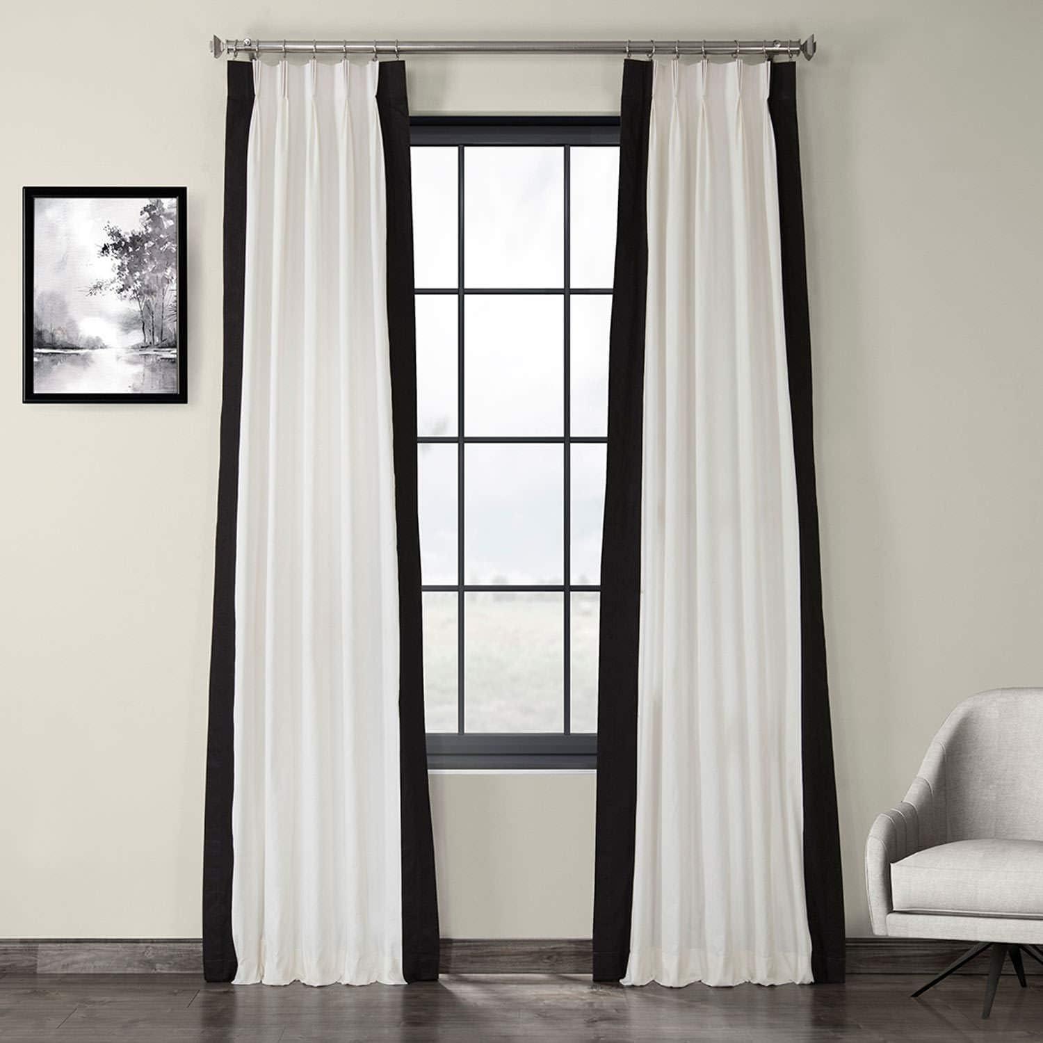 Warm Off-White & Black Cotton Pleated Room-Darkening Curtains