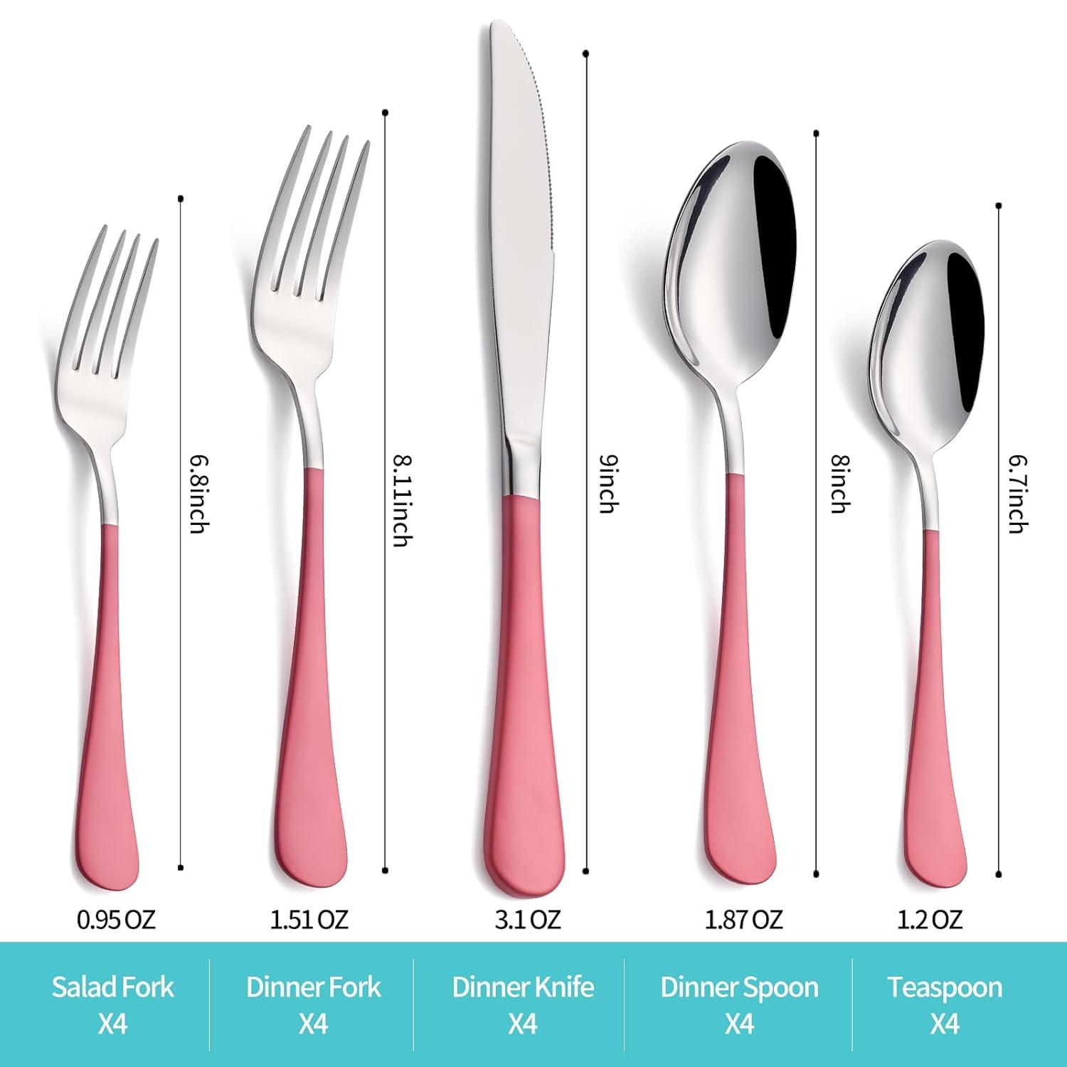 20-Piece Pink Silverware Set for 4, 18/0 Stainless Steel Flatware Cutlery Utensils Set, Include Dinner Knives,Dinner Forks,Dinner Spoons,Salad Forks,Teaspoons,Dishwasher Safe