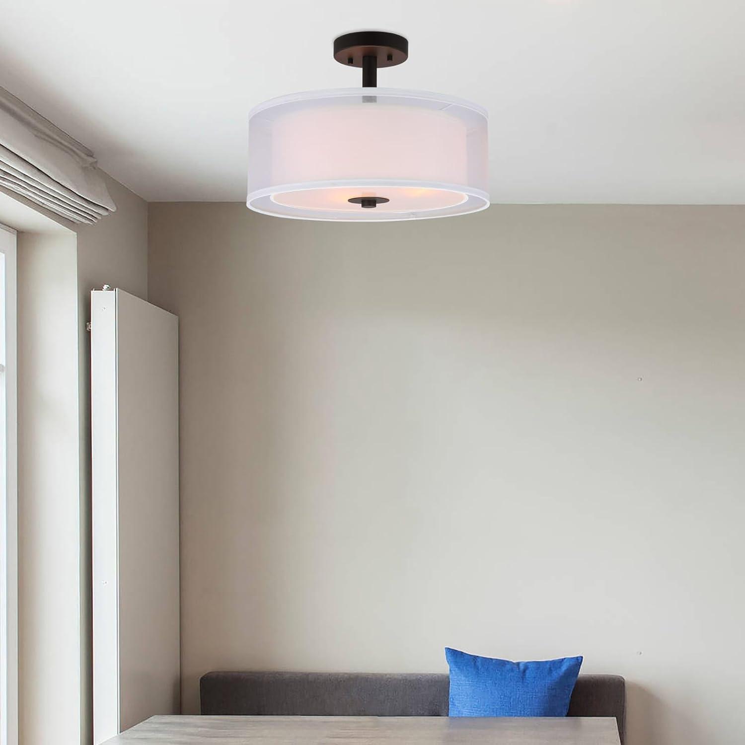 XiNBEi Lighting Semi Flush Mount Ceiling Light, 3 Light Drum Semi Flush Light, 16" Close to Ceiling Light with Fabric Shade in Dark Bronze for Living Room & Bedroom XB-SF1194-DB