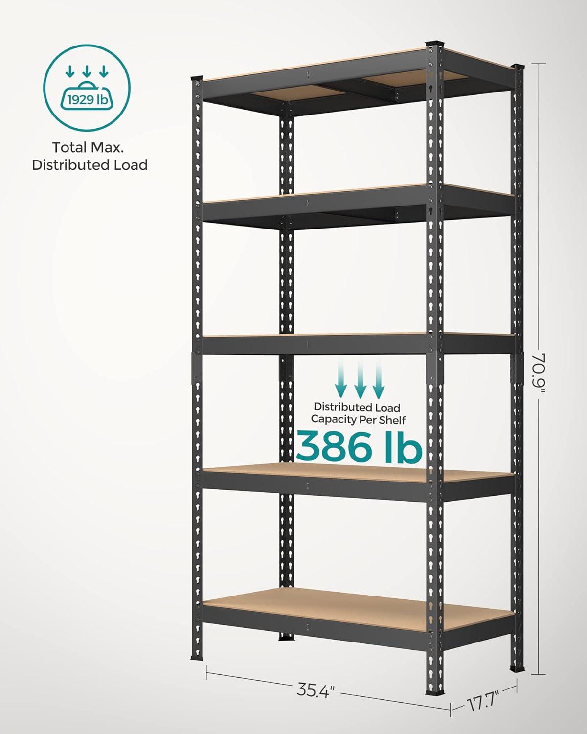 SONGMICS 5-Tier Storage Shelves Metal Garage Storage, Boltless Assembly Adjustable Shelving Unit 17.7 x 35.4 x 70.9 Inches Load 1929 lb, for Shed Warehouse Basement Kitchen Black