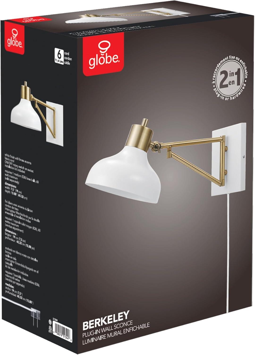 Globe Electric Berkeley 1-Light White and Brass Plug-In or Hardwire Swing Arm Wall Sconce, 51344