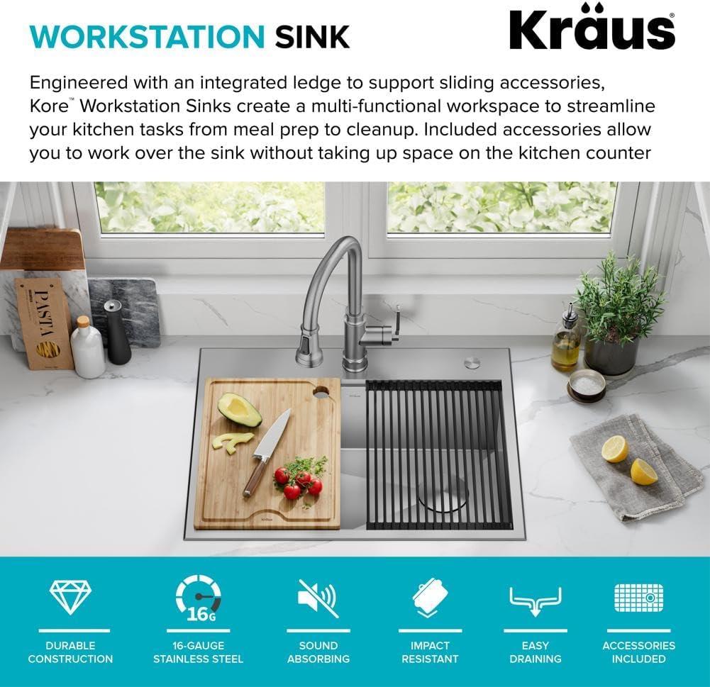 KRAUS Kore Drop-In Workstation 16 Gauge Stainless Steel Single Bowl Kitchen Sink with Accessories
