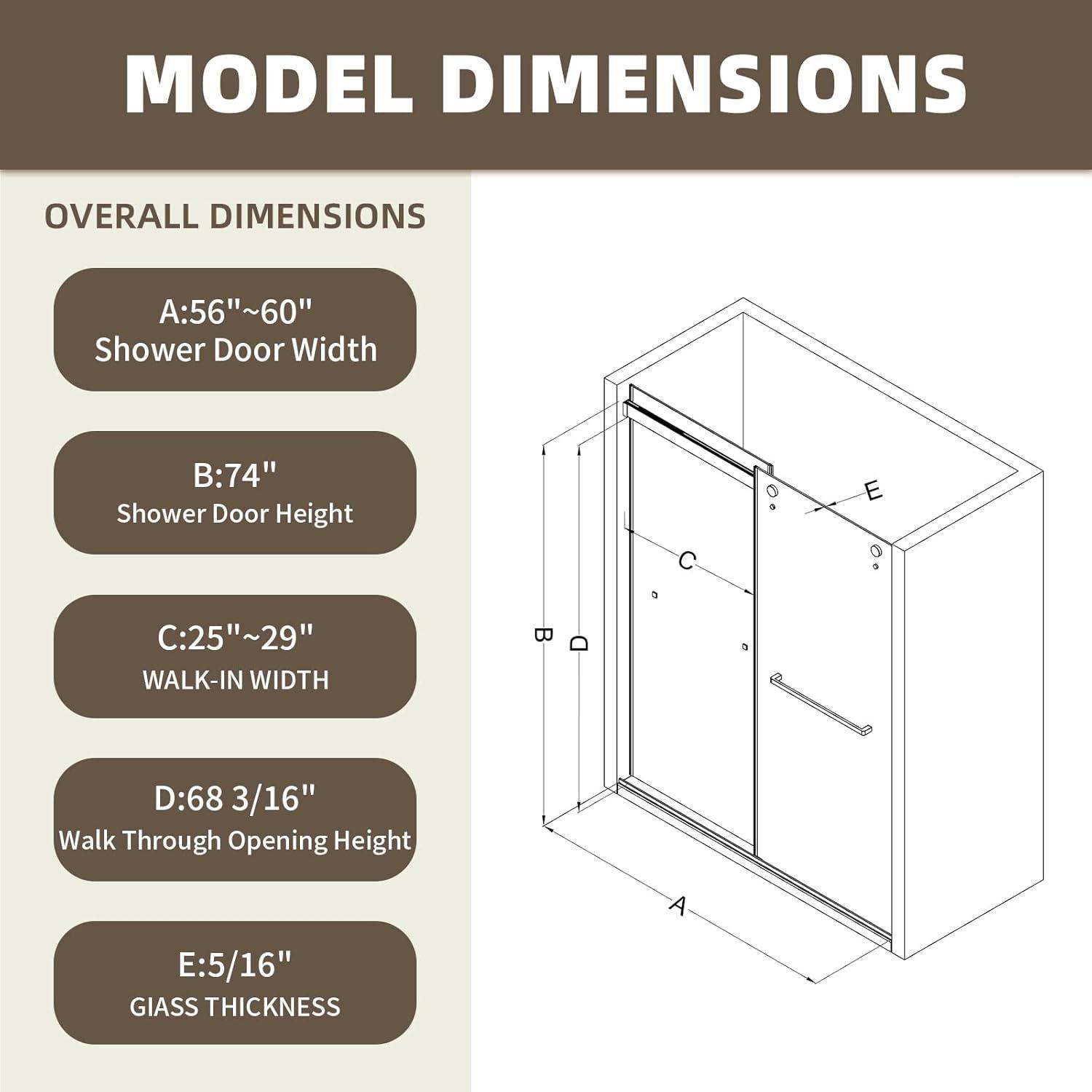 Frameless Shower Door, 56-60" W X 74" H Sliding Shower Door With 5/16" (8Mm) Clear Tempered Glass,Soft-Closing