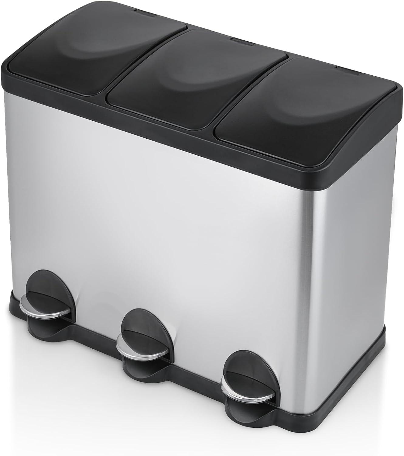 MoNiBloom 12 Gallon Trash Can with 3 Compartments, Step On Garbage Can with Soft-Close Lids and Inner Buckets