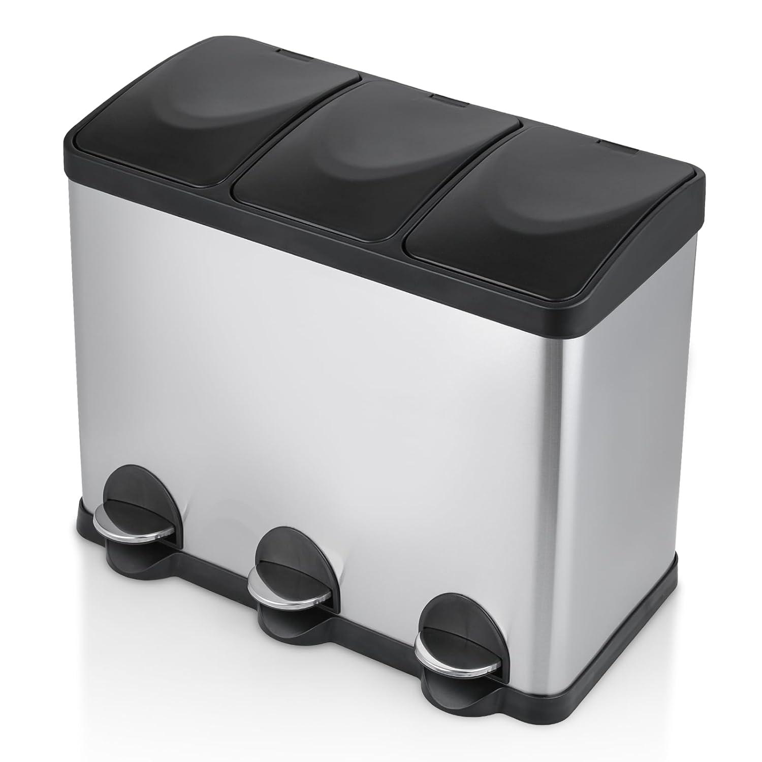 MoNiBloom 12 Gallon Trash Can with 3 Compartments, Step On Garbage Can with Soft-Close Lids and Inner Buckets