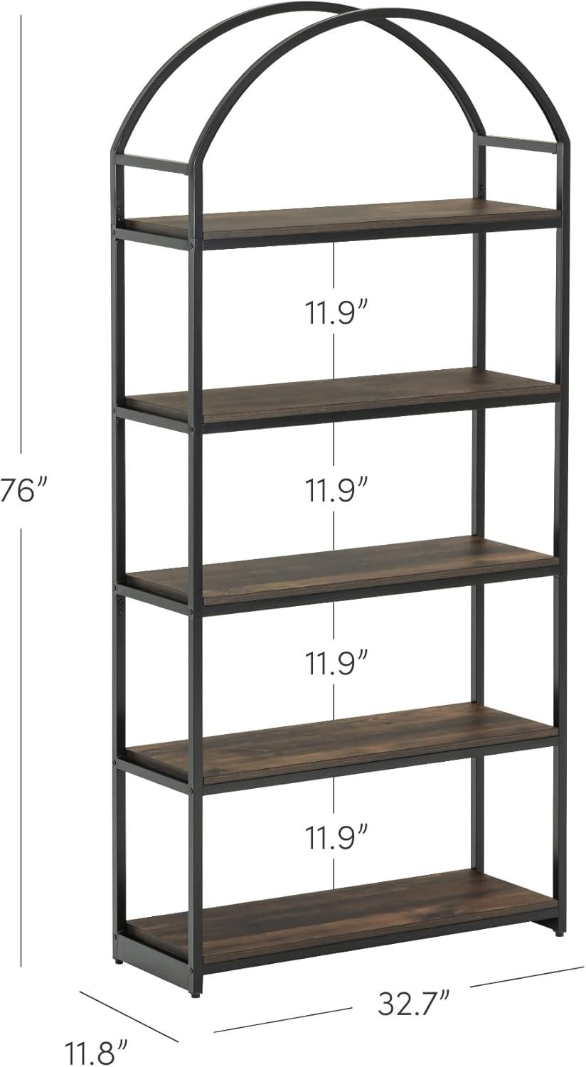 72" Black Matte Wood and Metal 5-Shelf Bookcase