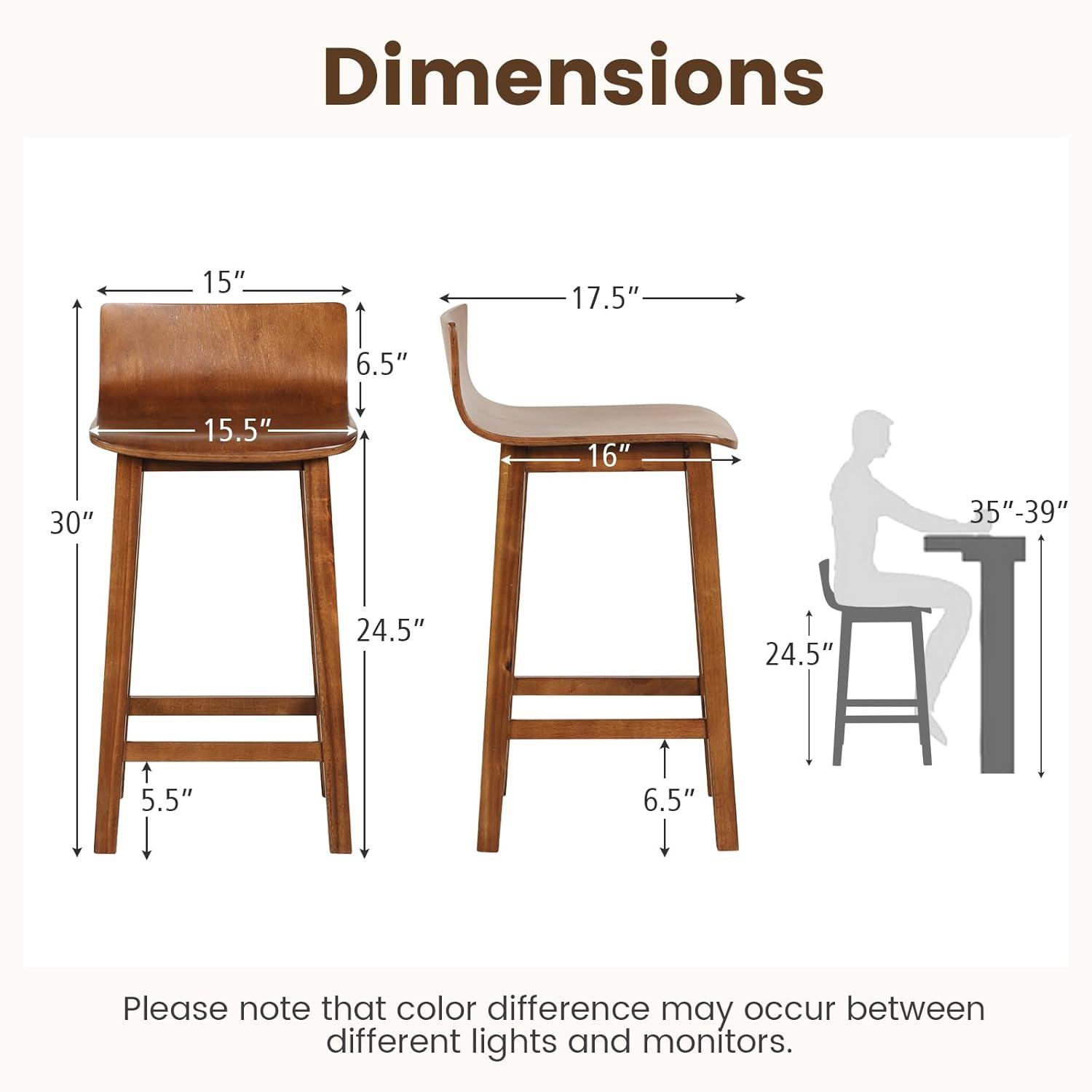 Topcobe Wood Bar Stools Set of 2 with Solid Back and Seat, Bar Stools for Kitchen Counter Pub Bistro Dining, Brown