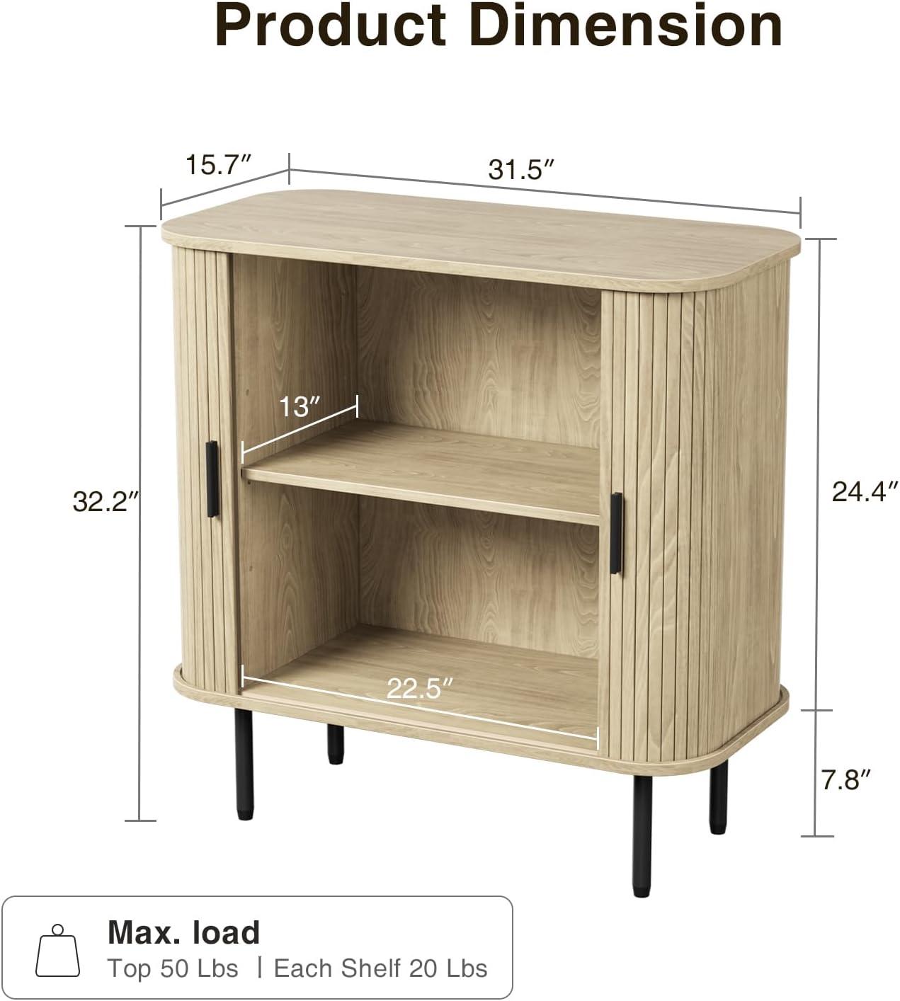 31''W Natural Buffet Sideboard Cabinet with Storage, Fluted Storage Cabinet with Curvy Edge; Sliding Door, Freestanding Accent Credenza, Console Table for Living Room, Kitchen, Hallway