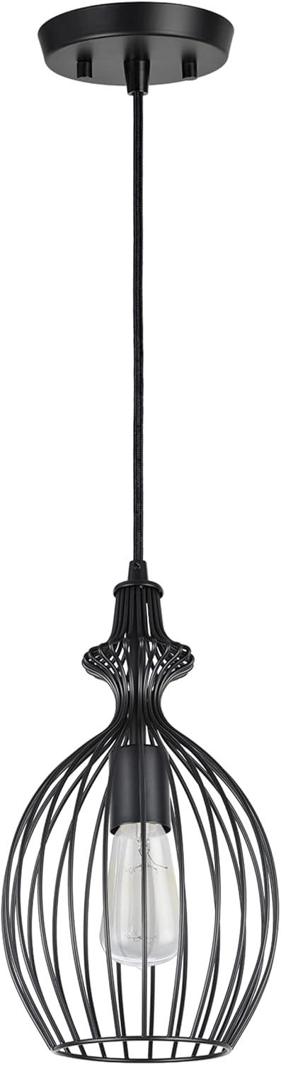 Matte Black Transitional Mini Pendant with Metal Wire Shade 8" Wide