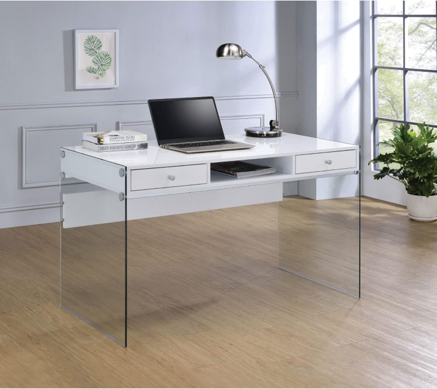 Contemporary Glossy White Home Office Desk with Tempered Glass Supports