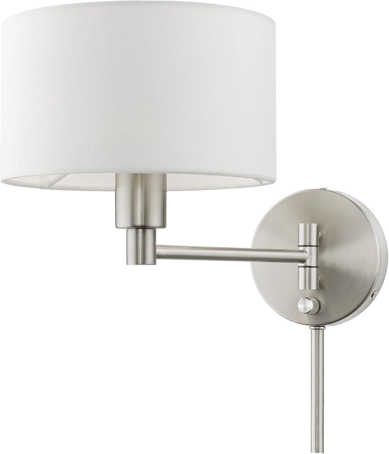 Transitional Brushed Nickel Swing Arm Wall Lamp with Off-White Shade