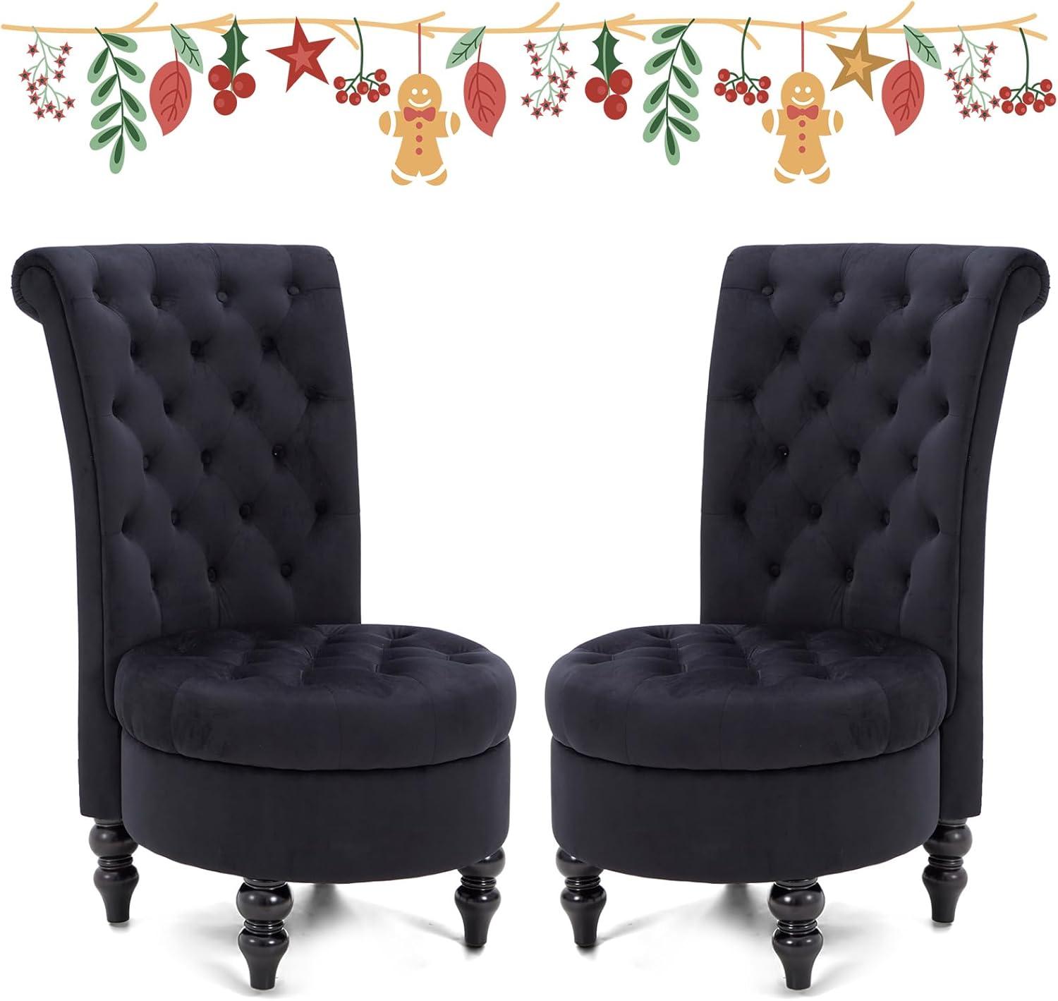 BELLEZE Throne Royal Chair Set of 2, Button-Tufted Accent Chair, Upholstered Velvet Chair, Low Back Armless Chair with Thick Padding and Rubberwood Legs - Malik (Black)