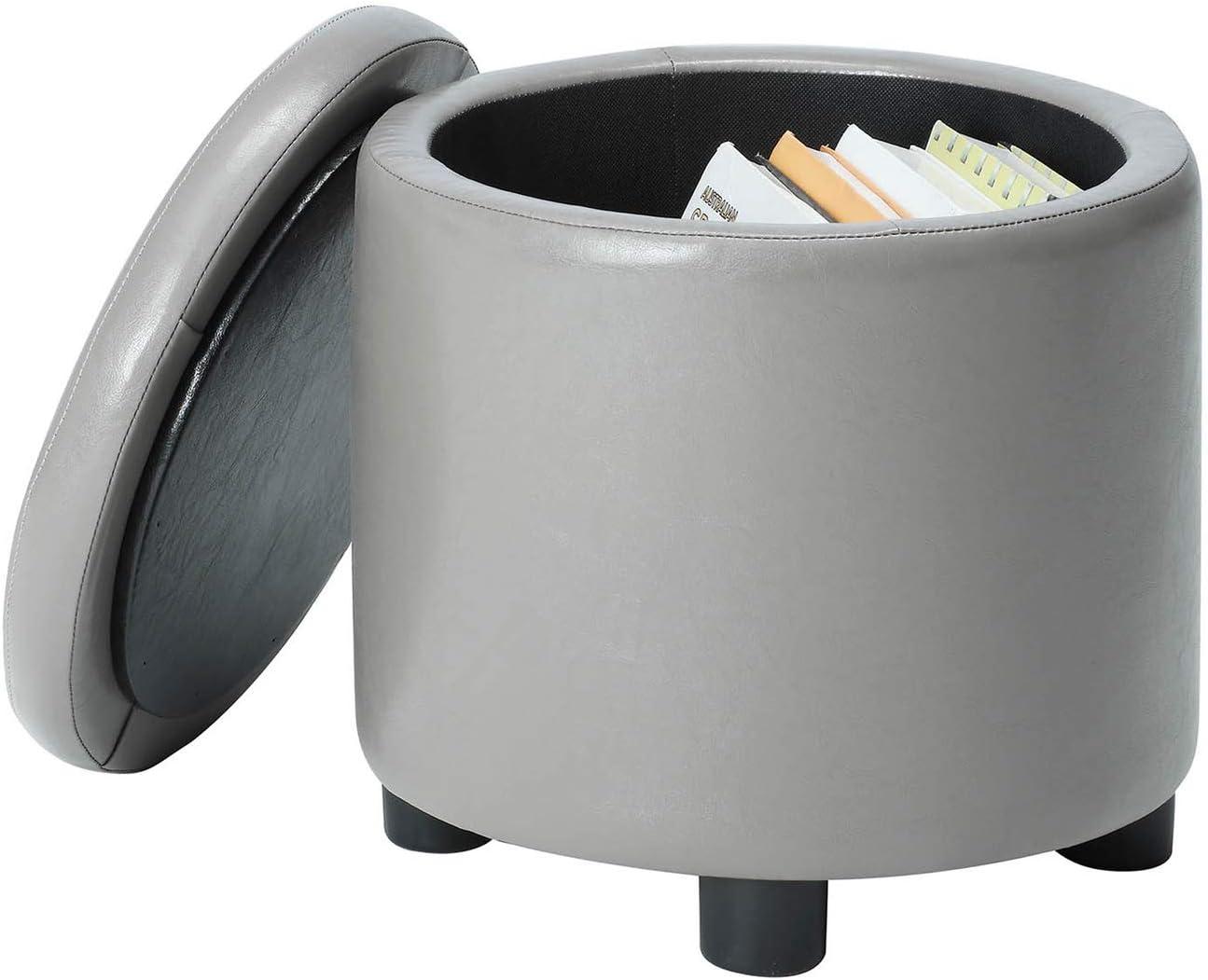 Designs4Comfort Round Accent Storage Ottoman with Reversible Tray Lid, Taupe Gray Faux Leather